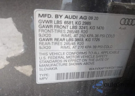 2021 Audi Q7 Prestige 55 Tfsi Quattro Tiptronic из США, поврежденный, VIN WA1VXAF7XMD012645